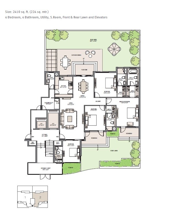 Floor plan of 4 BHK 2410 Sq. Ft. Apartment in Emaar Palm Terraces Select, Gurgaon
