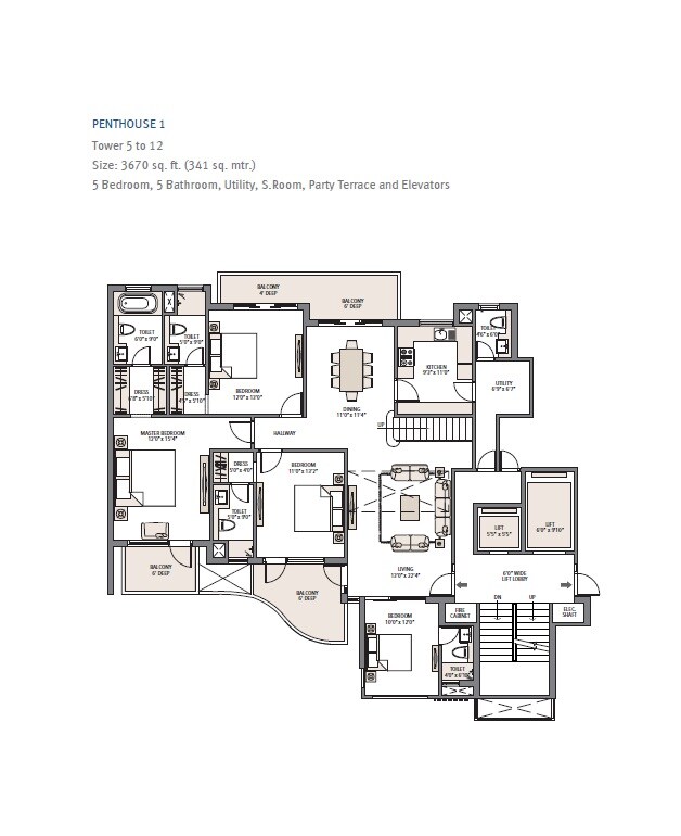 Floor plan of 5 BHK 3670 Sq. Ft. Penthouse in Emaar Palm Terraces Select, Gurgaon