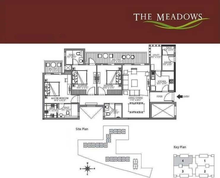 Floor plan of 3 BHK 1580 Sq. Ft. Apartment in Emaar The Meadows, Gurgaon