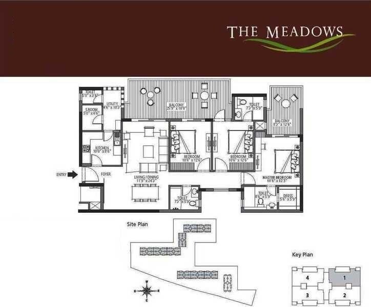 Floor plan of 3 BHK 1800 Sq. Ft. Apartment in Emaar The Meadows, Gurgaon