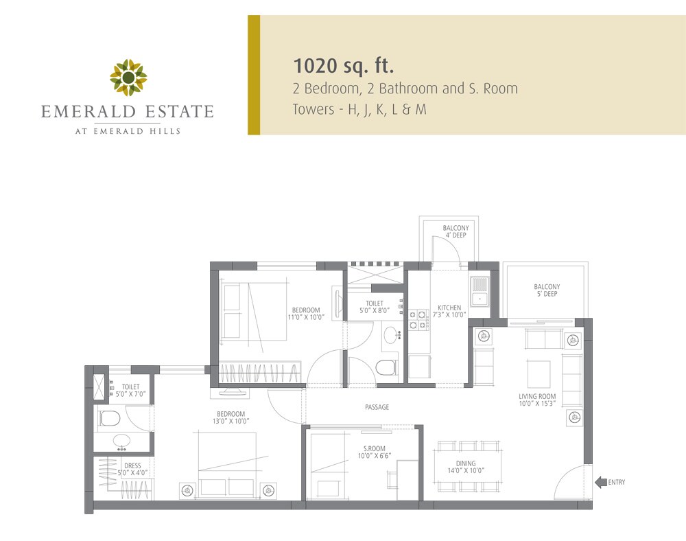 Floor plan of 2 BHK 1020 Sq. Ft. Apartment in Emaar Emerald Estate, Gurgaon