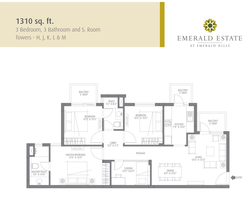 Floor plan of 3 BHK 1310 Sq. Ft. Apartment in Emaar Emerald Estate, Gurgaon