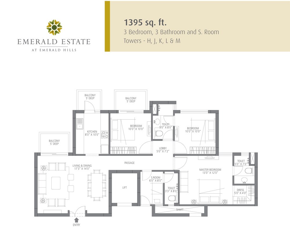 Floor plan of 3 BHK 1395 Sq. Ft. Apartment in Emaar Emerald Estate, Gurgaon