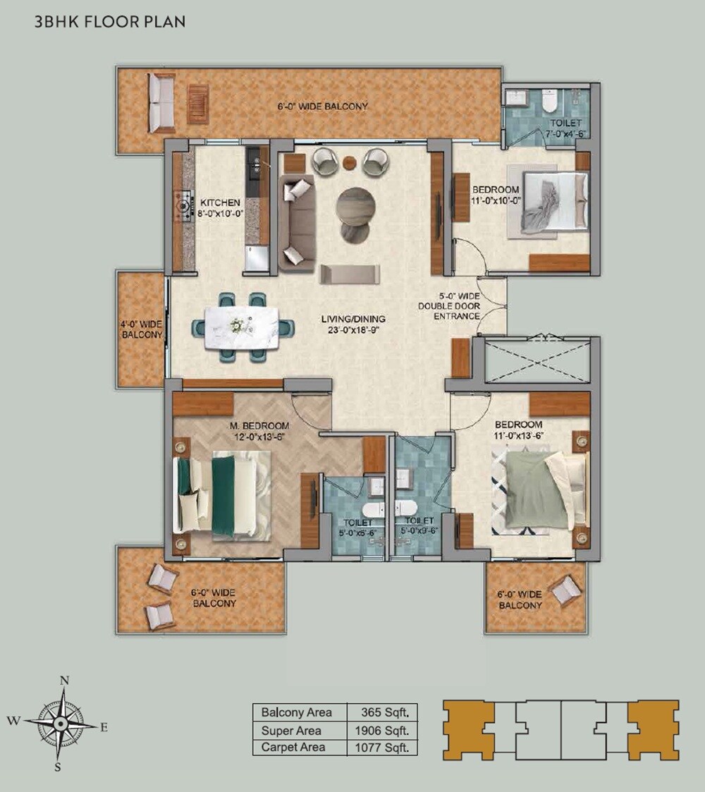 Floor plan of 3 BHK 1906 Sq. Ft. Apartment in Emperium Titan, Gurgaon