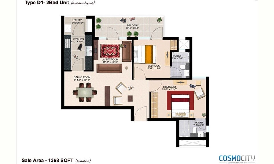 Floor plan of 2 BHK 1368 Sq. Ft. Apartment in Era Cosmo City Phase 2, Gurgaon