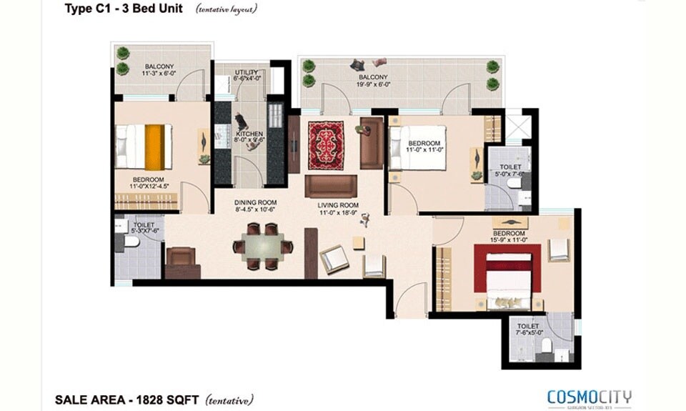 Floor plan of 3 BHK 1828 Sq. Ft. Apartment in Era Cosmo City Phase 2, Gurgaon