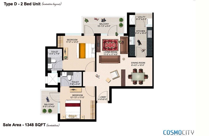 Floor plan of 2 BHK 1348 Sq. Ft. Apartment in ERA Cosmo City Phase I, Gurgaon