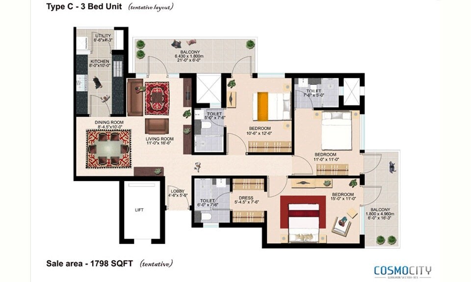 Floor plan of 3 BHK 1758 Sq. Ft. Apartment in ERA Cosmo City Phase I, Gurgaon