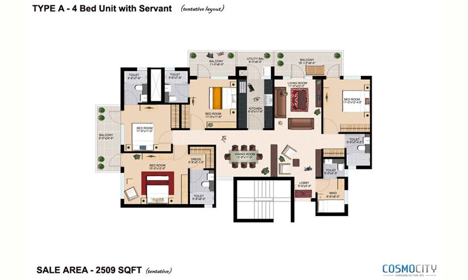 Floor plan of 4 BHK 2509 Sq. Ft. Apartment in ERA Cosmo City Phase I, Gurgaon