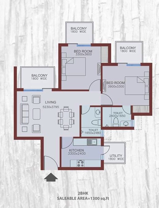 2 BHK 1300 Sq. Ft. Apartment