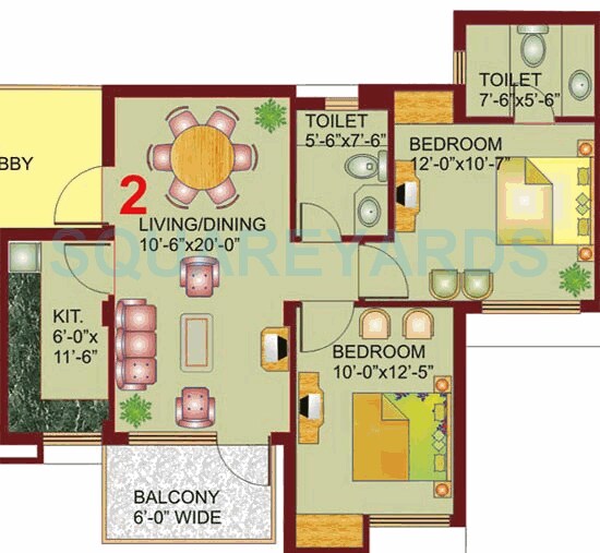 Floor plan of 2 BHK 1040 Sq. Ft. Apartment in Eros Wembley Estate, Gurgaon