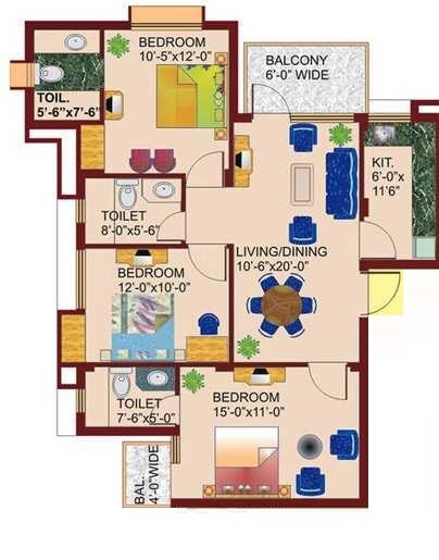 Floor plan of 3 BHK 1376 Sq. Ft. Apartment in Eros Wembley Estate, Gurgaon