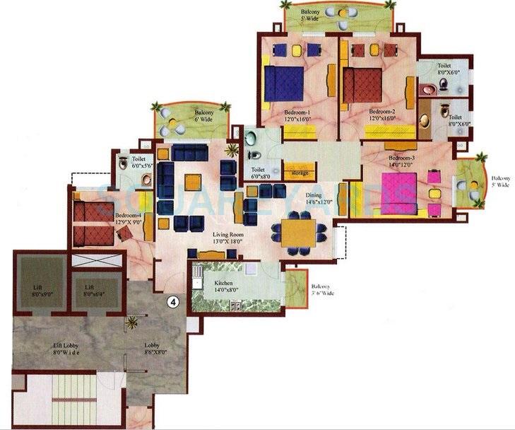 Floor plan of 4 BHK 2200 Sq. Ft. Apartment in Eros Wembley Estate, Gurgaon