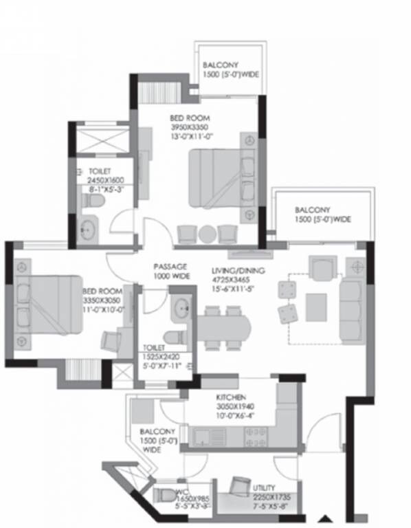 Floor plan of 2 BHK 1190 Sq. Ft. Apartment in Experion 108 Heights, Gurgaon