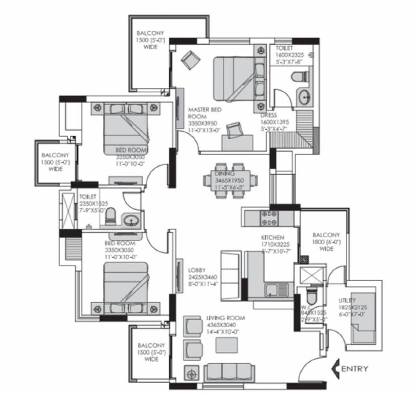 Floor plan of 3 BHK 1600 Sq. Ft. Apartment in Experion 108 Heights, Gurgaon