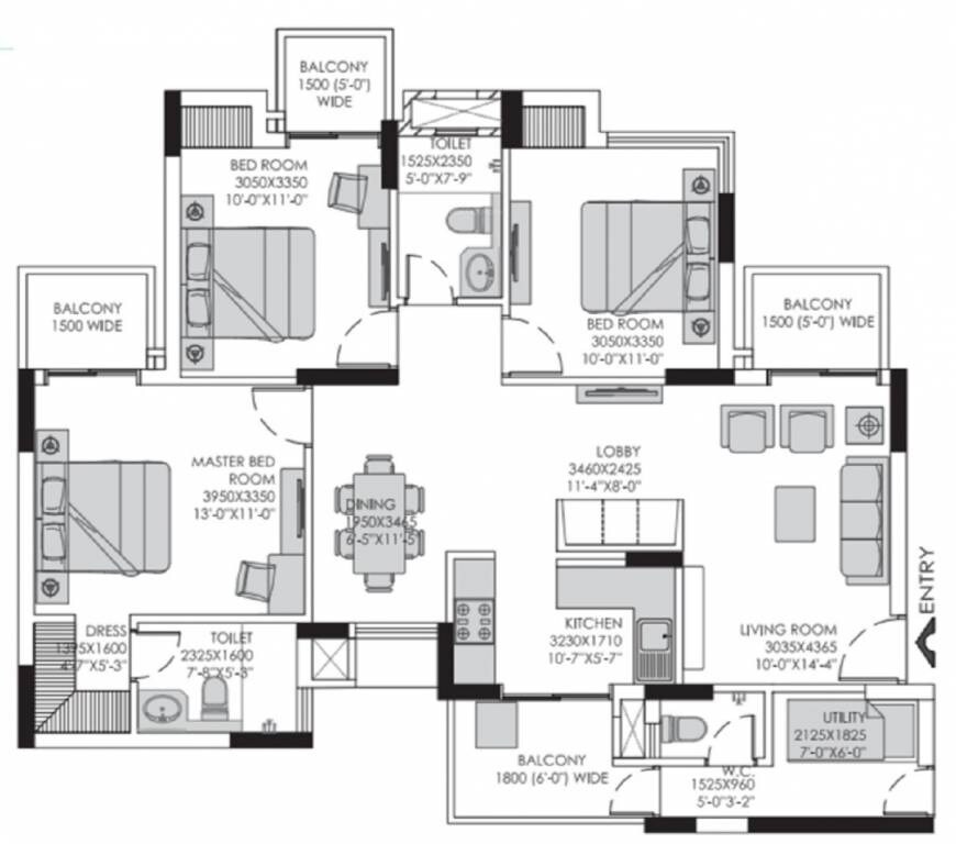 Floor plan of 3 BHK 2125 Sq. Ft. Apartment in Experion 108 Heights, Gurgaon