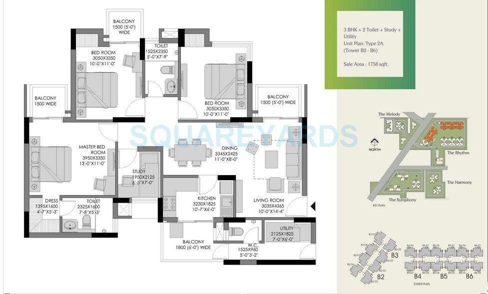 Floor plan of 3 BHK 1758 Sq. Ft. Apartment in Experion The Heart Song, Gurgaon
