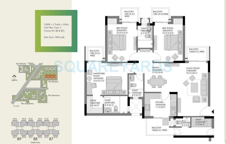 Floor plan of 3 BHK 2003 Sq. Ft. Apartment in Experion The Heart Song, Gurgaon
