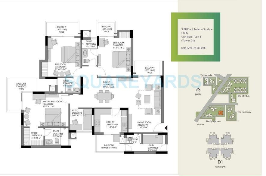 Floor plan of 3 BHK 2338 Sq. Ft. Apartment in Experion The Heart Song, Gurgaon