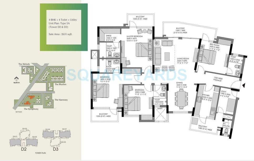 Floor plan of 4 BHK 2631 Sq. Ft. Apartment in Experion The Heart Song, Gurgaon