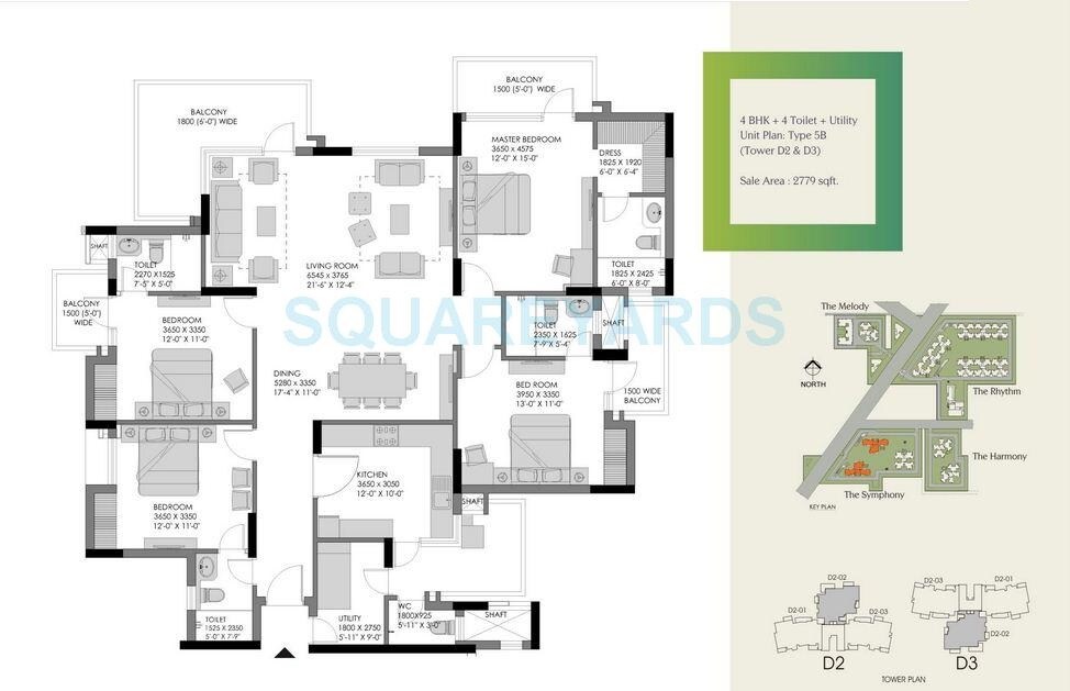 Floor plan of 4 BHK 2779 Sq. Ft. Apartment in Experion The Heart Song, Gurgaon