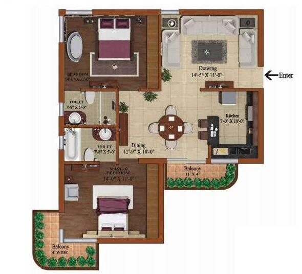 Floor plan of 2 BHK 1388 Sq. Ft. Apartment in Forte Point The Oliver Spire, Gurgaon