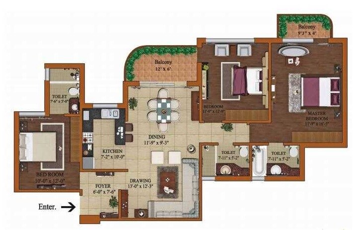 Floor plan of 3 BHK 1762 Sq. Ft. Apartment in Forte Point The Oliver Spire, Gurgaon