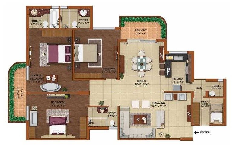 Floor plan of 3 BHK 2304 Sq. Ft. Apartment in Forte Point The Oliver Spire, Gurgaon