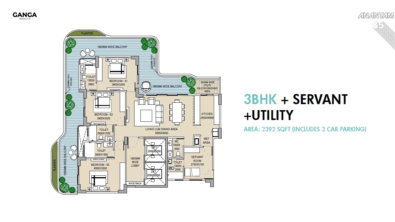 Floor plan of 3 BHK Apartment - 2392 sq. ft. in Ganga Anantam, Gurgaon