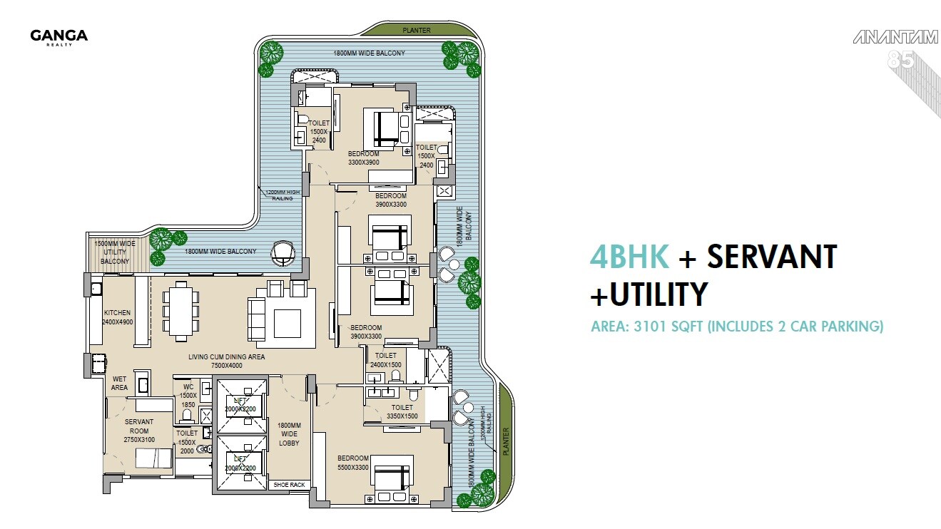 Floor plan of 4 BHK Apartment - 3101 sq. ft. in Ganga Anantam, Gurgaon