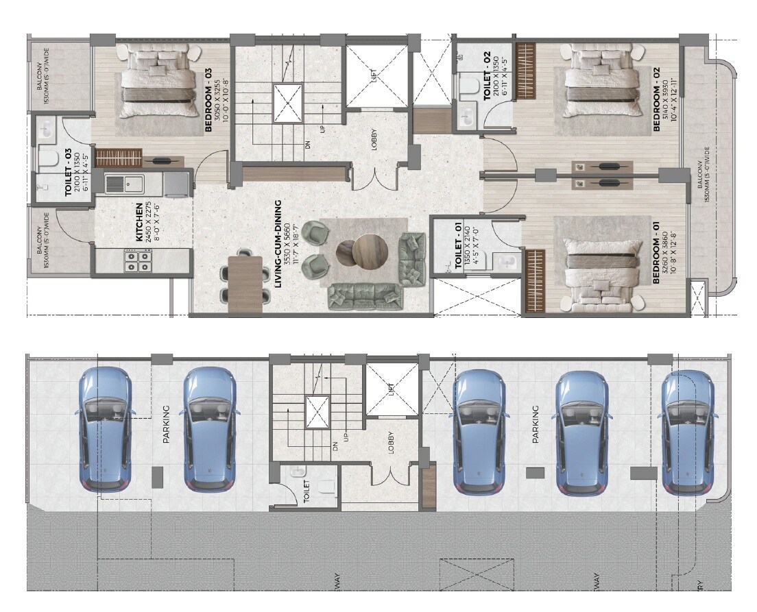 Floor plan of 3 BHK 1413 Sq. Ft. Ind Floor in Ganga Green Valley, Gurgaon