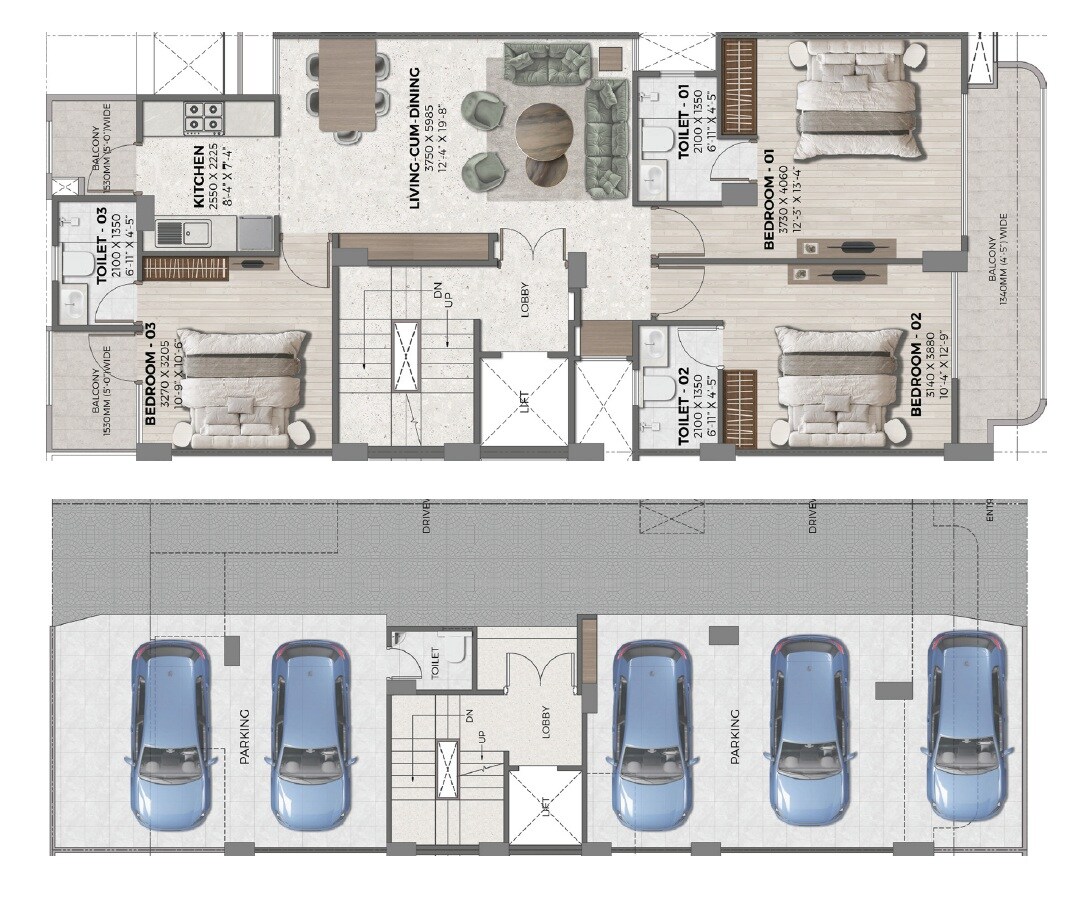 Floor plan of 3 BHK 1512 Sq. Ft. Ind Floor in Ganga Green Valley, Gurgaon
