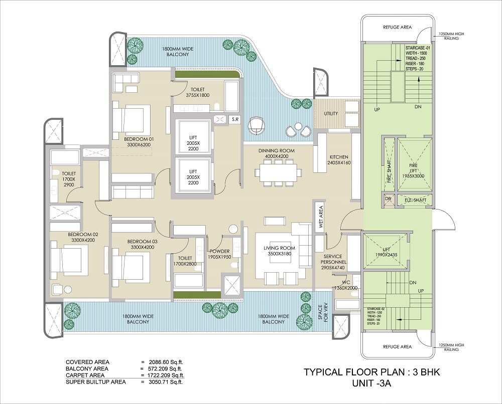 Floor plan of 3 BHK 3050 Sq. Ft. Apartment in Ganga Nandaka, Gurgaon