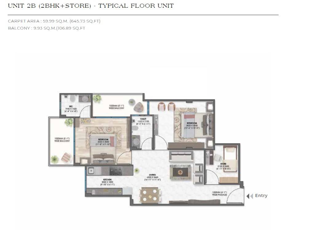 Floor plan of 2 BHK 753 Sq. Ft. Apartment in Ganga Tathastu 35, Gurgaon