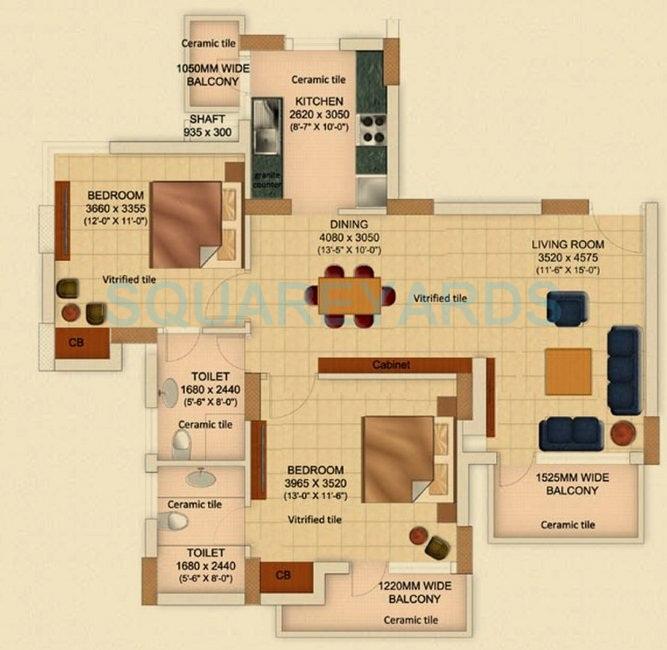 Floor plan of 2 BHK 1252 Sq. Ft. Apartment in Geoworks 1000 Trees, Gurgaon