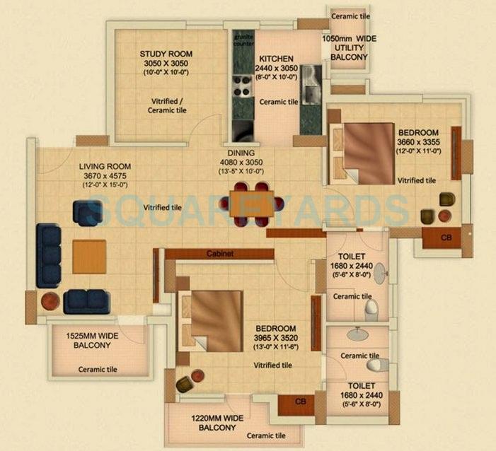 Floor plan of 2 BHK 1383 Sq. Ft. Apartment in Geoworks 1000 Trees, Gurgaon