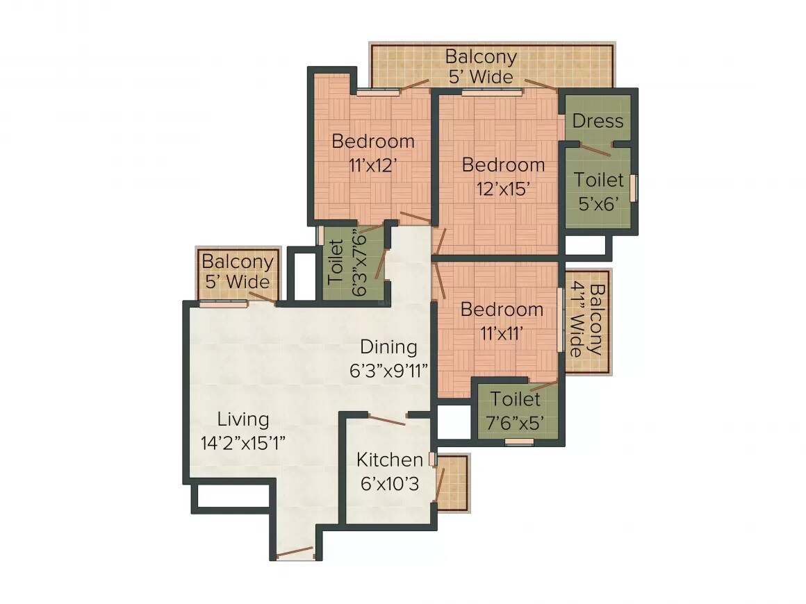 Floor plan of 3 BHK 1700 Sq. Ft. Apartment in Geoworks 1000 Trees, Gurgaon