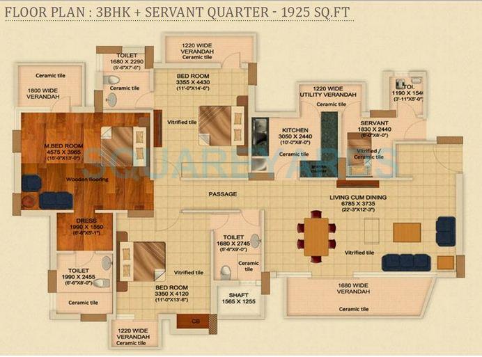 Floor plan of 3 BHK 1925 Sq. Ft. Apartment in Geoworks 1000 Trees, Gurgaon