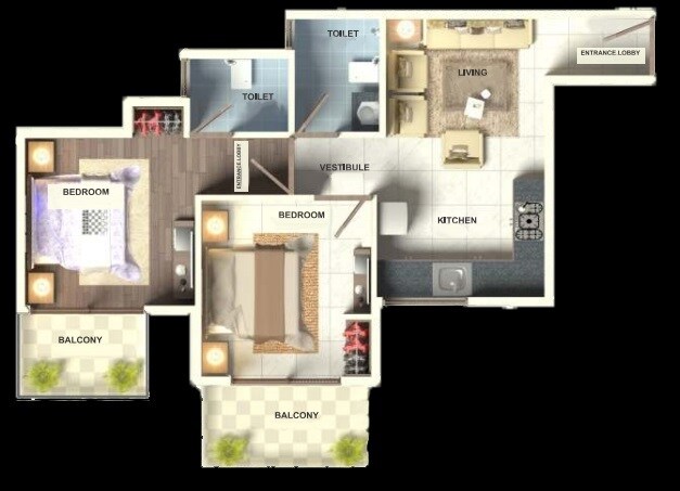 Floor plan of 2 BHK 800 Sq. Ft. Apartment in GLS Arawali Homes, Gurgaon