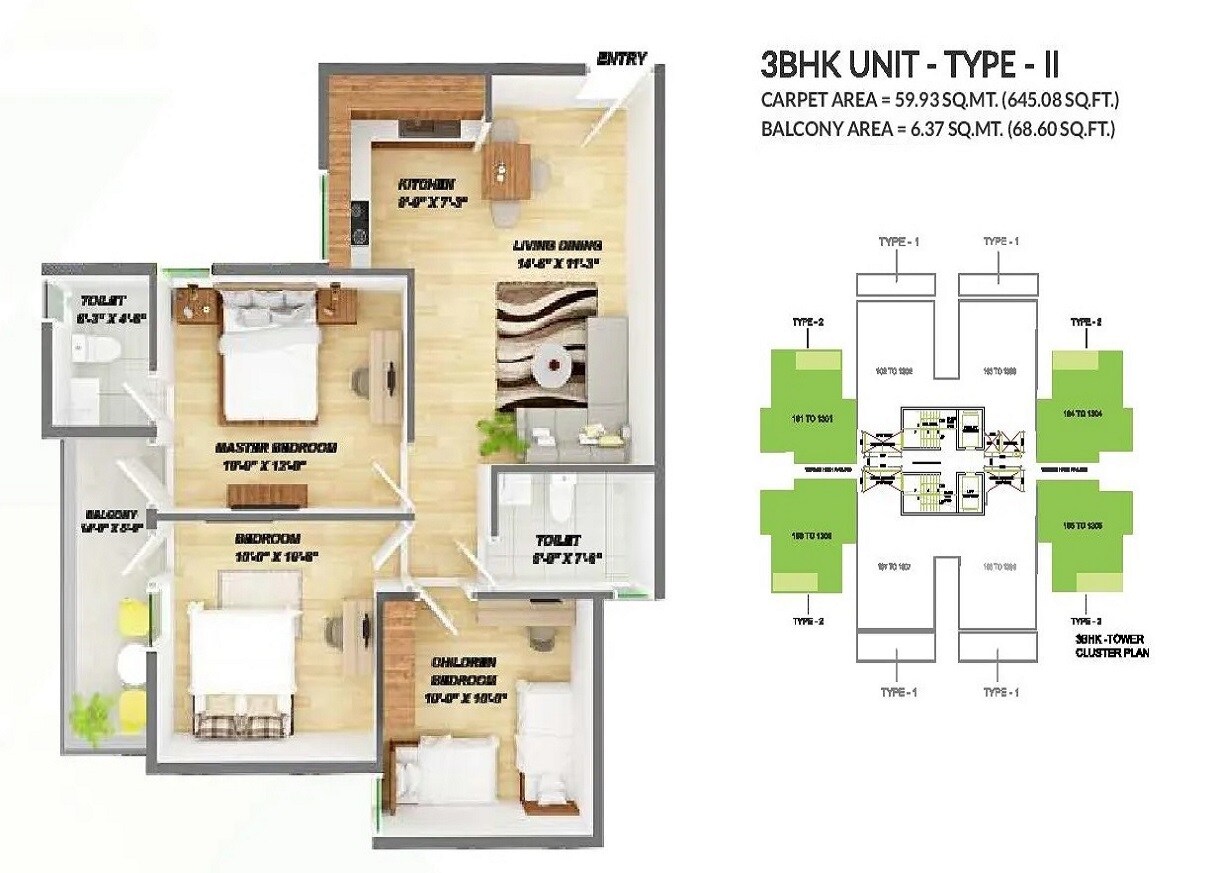 Floor plan of 3 BHK 713 Sq. Ft. Apartment in GLS Arawali Homes Phase 2, Gurgaon