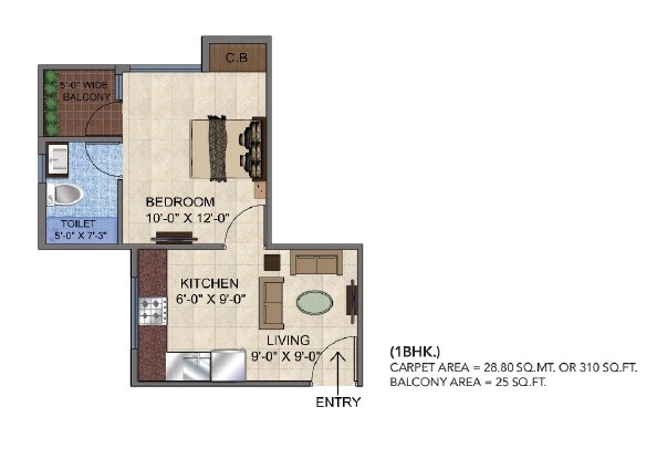 Floor plan of 1 BHK 450 Sq. Ft. Apartment in GLS Avenue 51, Gurgaon