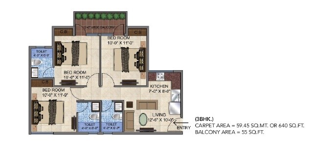 Floor plan of 3 BHK 928 Sq. Ft. Apartment in GLS Avenue 51, Gurgaon