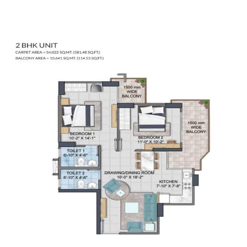 Floor plan of 2 BHK 696 Sq. Ft. Apartment in GLS Avenue 81, Gurgaon
