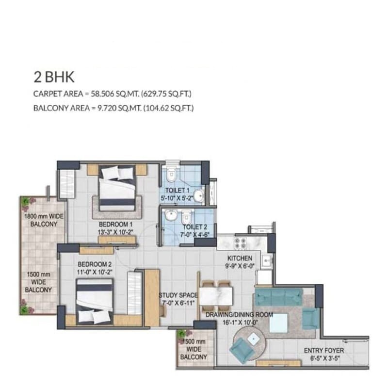 Floor plan of 2 BHK 734 Sq. Ft. Apartment in GLS Avenue 81, Gurgaon