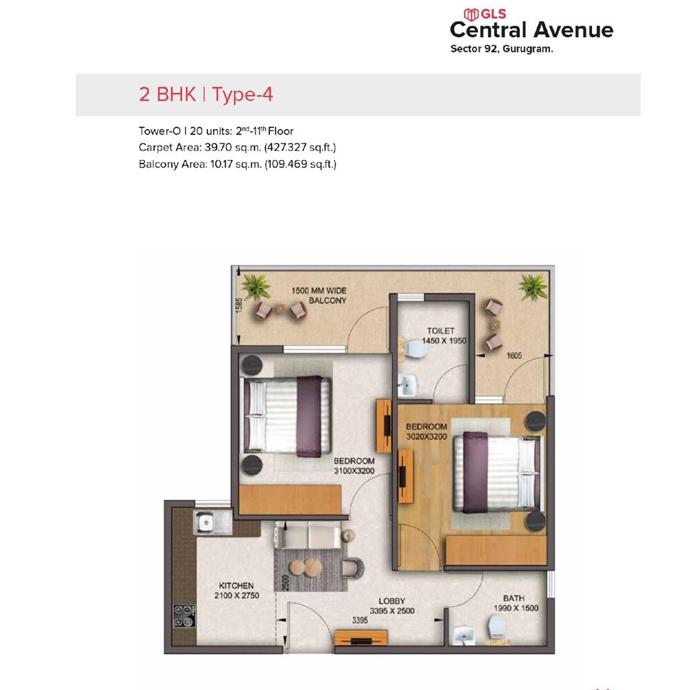 Floor plan of 2 BHK 536 Sq. Ft. Apartment in GLS Central Avenue, Gurgaon
