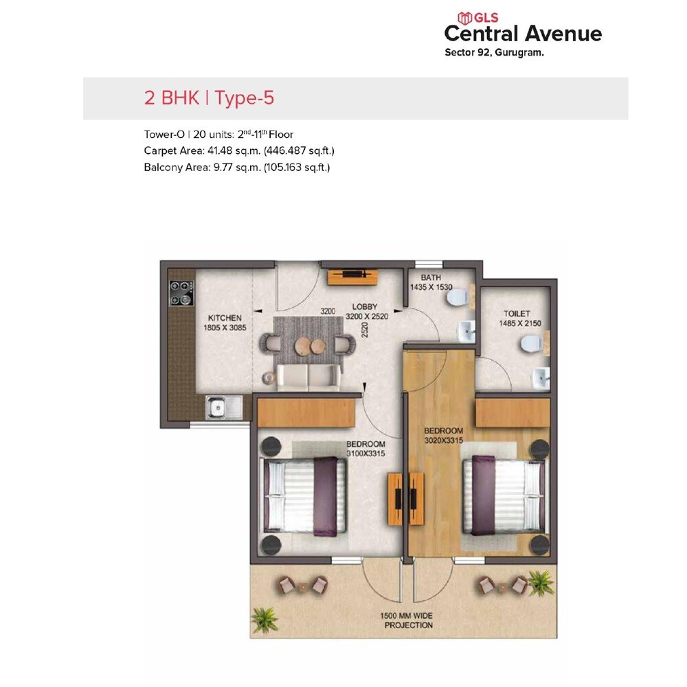 Floor plan of 2 BHK 551 Sq. Ft. Apartment in GLS Central Avenue, Gurgaon