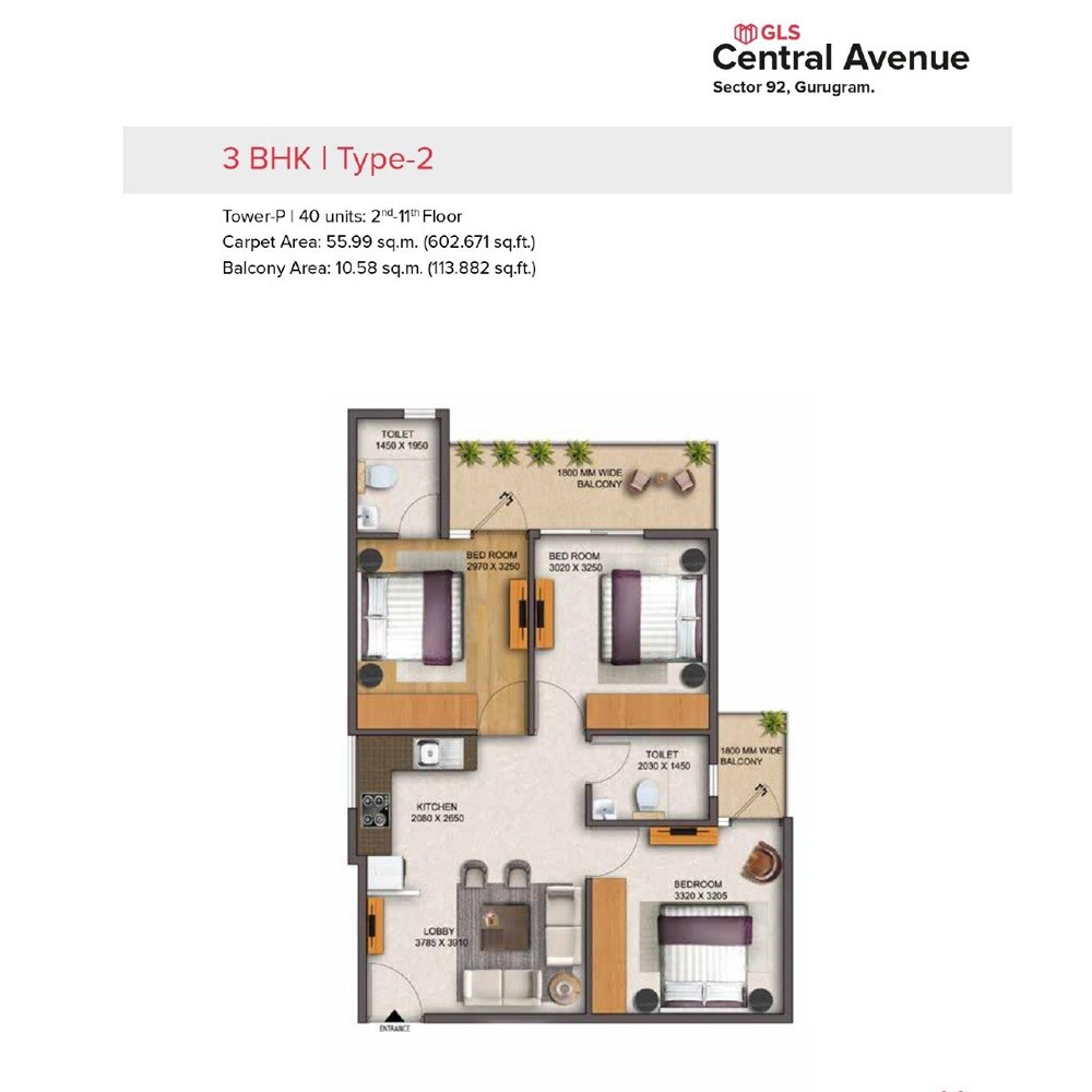 Floor plan of 3 BHK 716 Sq. Ft. Apartment in GLS Central Avenue, Gurgaon