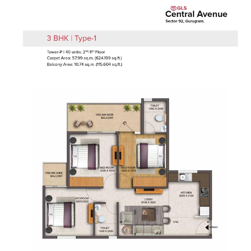 Floor plan of 3 BHK 740 Sq. Ft. Apartment in GLS Central Avenue, Gurgaon