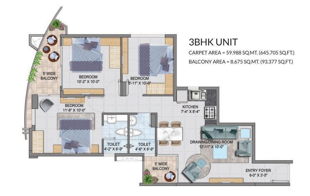 Floor plan of 3 BHK 739 Sq. Ft. Apartment in GLS South Avenue, Gurgaon