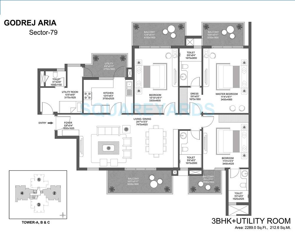  3 BHK Apartment at Godrej Aria, Sector 79 – for Rent